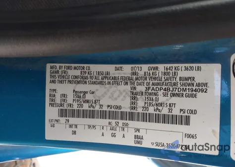 2013 Ford Fiesta Se from USA, damaged, VIN 3FADP4BJ7DM194092